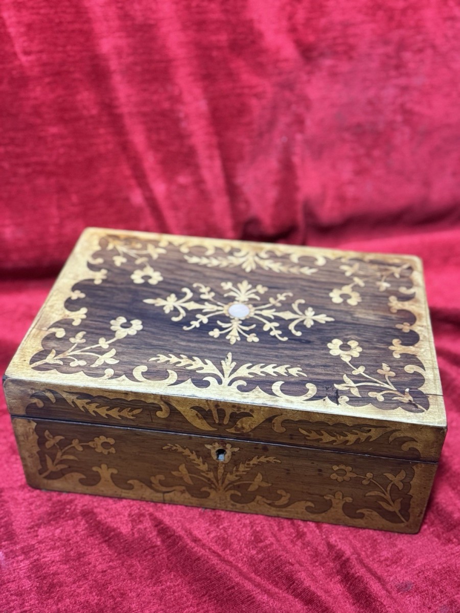 Primary image for Antique Marquetry Inlaid Rosewood Jewellery/sewing Casket Box C.1900