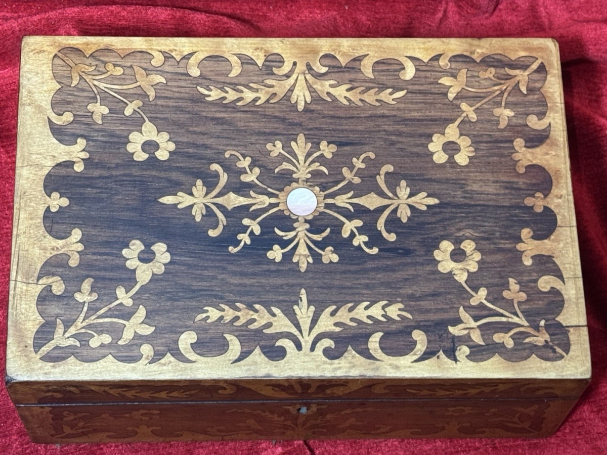 Antique Marquetry Inlaid Rosewood Jewellery/sewing Casket Box C.1900