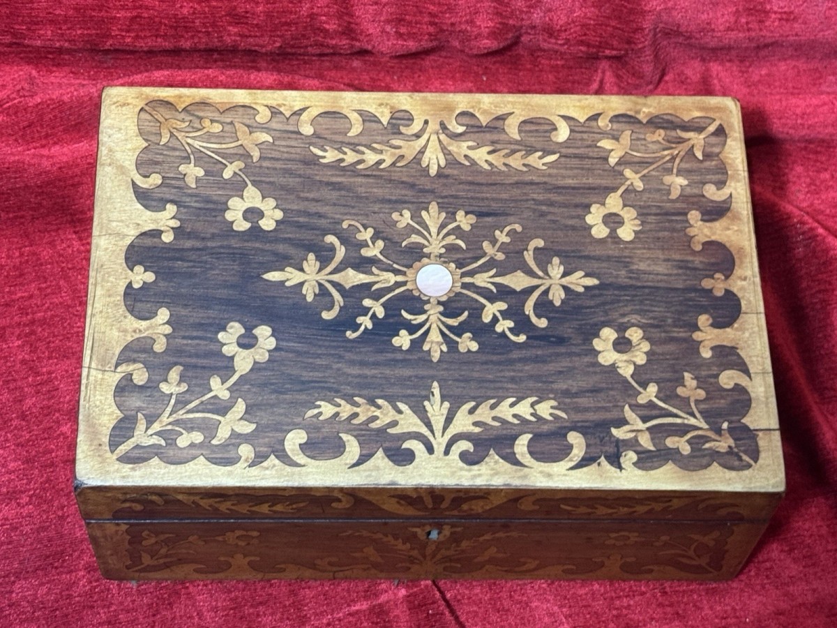 Antique Marquetry Inlaid Rosewood Jewellery/sewing Casket Box C.1900