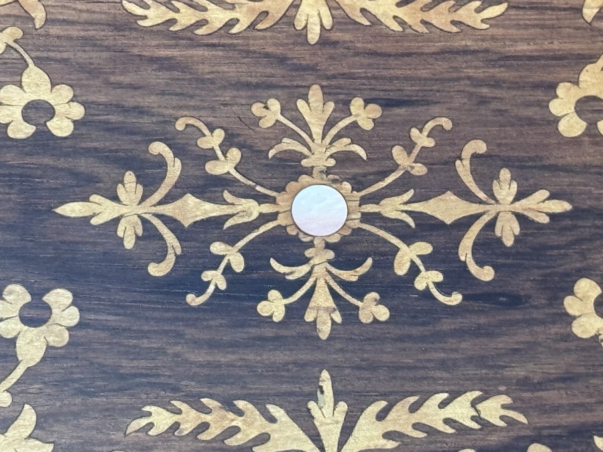 Antique Marquetry Inlaid Rosewood Jewellery/sewing Casket Box C.1900