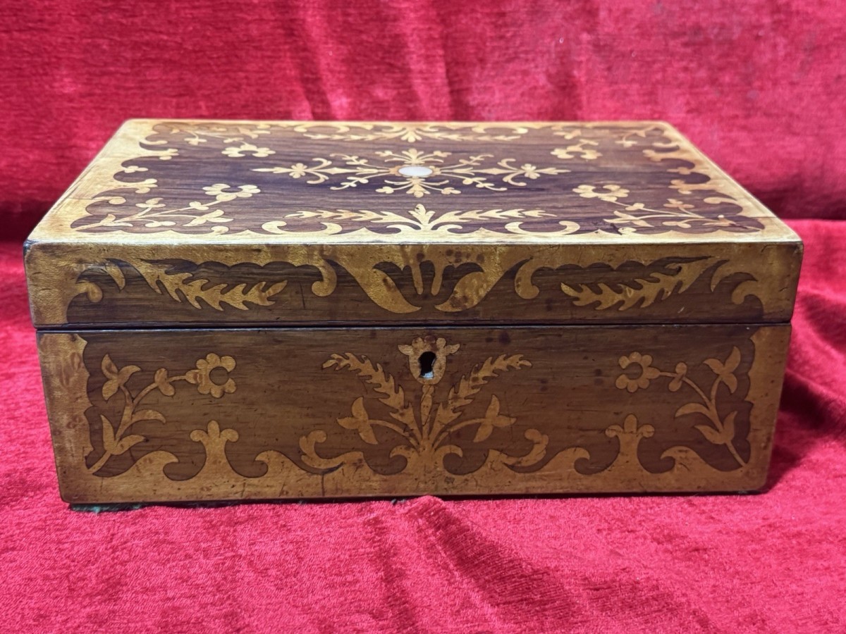 Antique Marquetry Inlaid Rosewood Jewellery/sewing Casket Box C.1900
