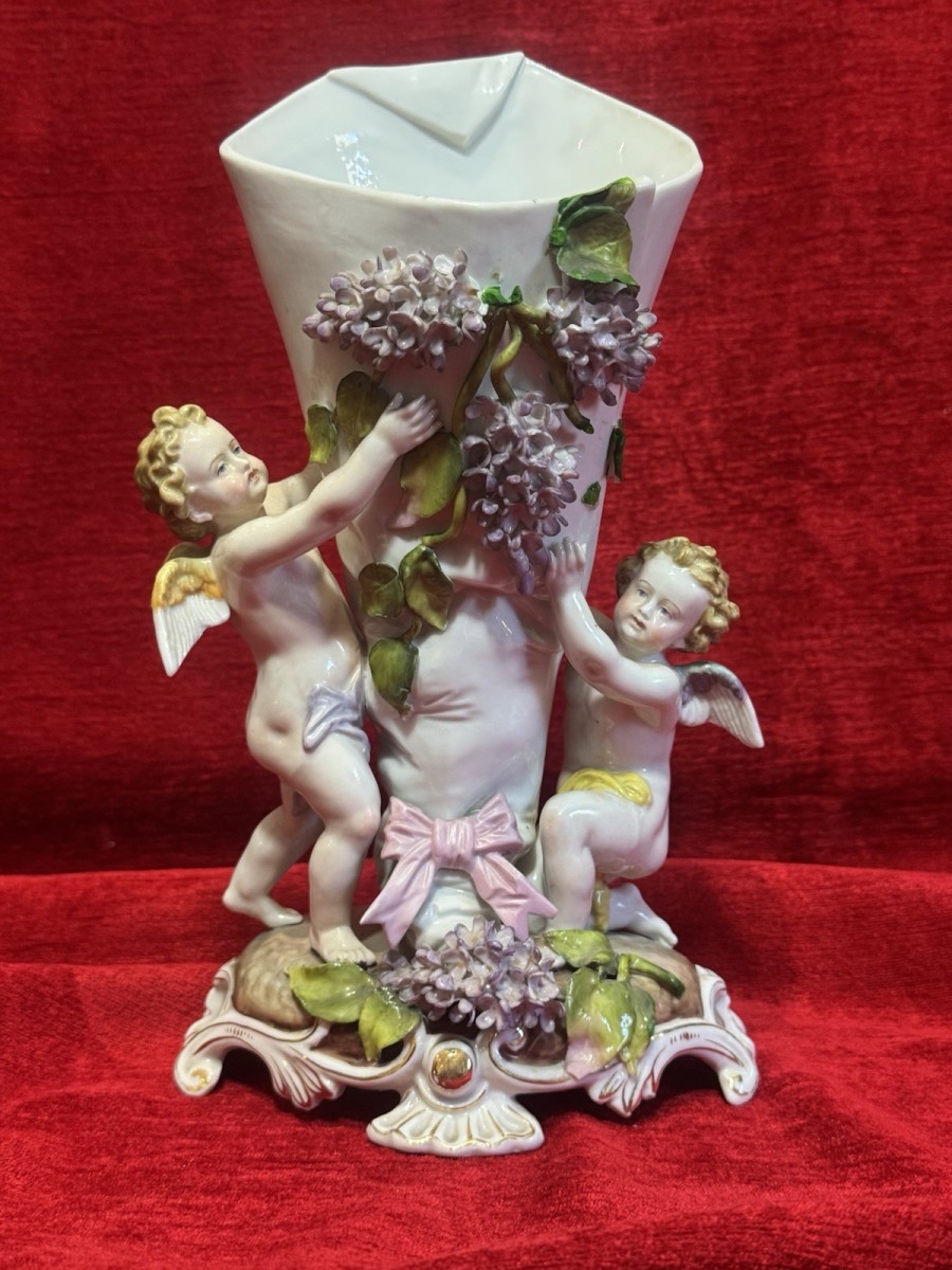 Primary image for Antique Cornucopia Dresden Porcelain Cherubs And Wisteria Vase