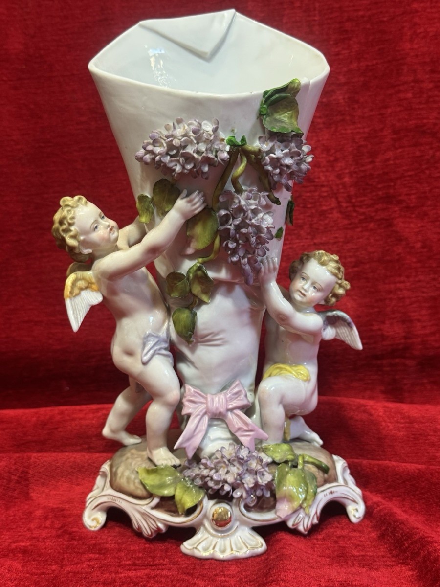Antique Cornucopia Dresden Porcelain Cherubs And Wisteria Vase