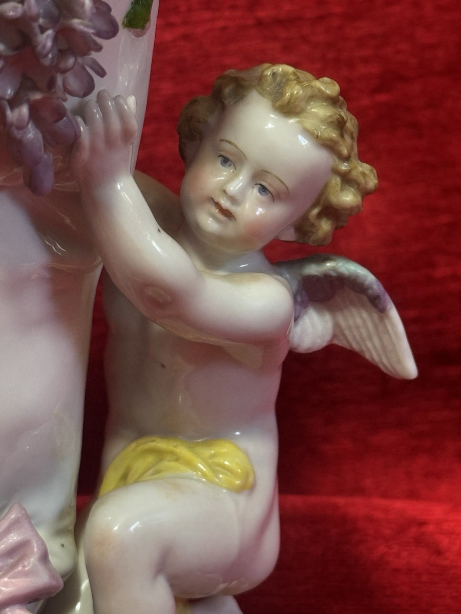 Antique Cornucopia Dresden Porcelain Cherubs And Wisteria Vase