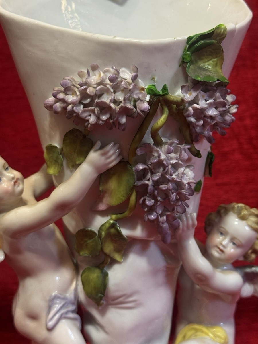 Antique Cornucopia Dresden Porcelain Cherubs And Wisteria Vase