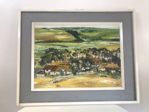 Modern Art Landscape Painting Of Farmstead In Lincolnshire In Summertime Signed By Artist V R MAJOR Exceptionally Interesting Artwork For Collector Contemporary In Style Rich In Colour And Contrast Wood And Canvas Frame Dimensions In Inches Height 25.5” Width 32”