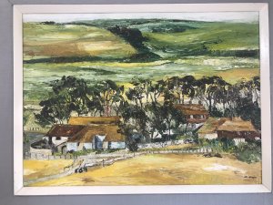 Modern Art Landscape Painting Of Farmstead In Lincolnshire In Summertime Signed By Artist V R MAJOR Exceptionally Interesting Artwork For Collector Contemporary In Style Rich In Colour And Contrast Wood And Canvas Frame Dimensions In Inches Height 25.5” Width 32”