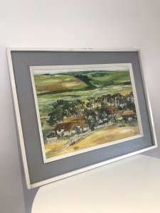 Modern Art Landscape Painting Of Farmstead In Lincolnshire In Summertime Signed By Artist V R MAJOR Exceptionally Interesting Artwork For Collector Contemporary In Style Rich In Colour And Contrast Wood And Canvas Frame Dimensions In Inches Height 25.5” Width 32”