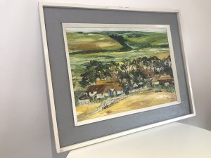 Modern Art Landscape Painting Of Farmstead In Lincolnshire In Summertime Signed By Artist V R MAJOR Exceptionally Interesting Artwork For Collector Contemporary In Style Rich In Colour And Contrast Wood And Canvas Frame Dimensions In Inches Height 25.5” Width 32”