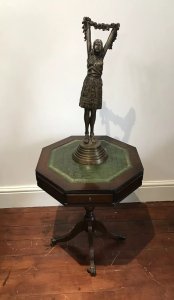 Regency Style Hexagonal Centre Table With Tooled Green Leather Top For Writing Two Drawers With Brass Handles Regency Style Tripod Legs With Brass Claw Feet With Castors Stunning Red Walnut With Beautiful Patina Lovely Condition Useful Piece Dimensions In Inches Height 23.5” Width 19.25” Depth 19.25”
