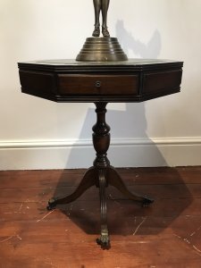 Regency Style Hexagonal Centre Table With Tooled Green Leather Top For Writing Two Drawers With Brass Handles Regency Style Tripod Legs With Brass Claw Feet With Castors Stunning Red Walnut With Beautiful Patina Lovely Condition Useful Piece Dimensions In Inches Height 23.5” Width 19.25” Depth 19.25”