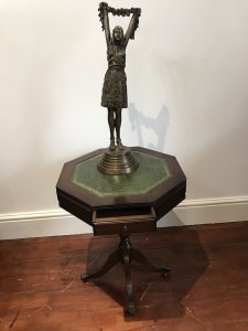 Regency Style Hexagonal Centre Table With Tooled Green Leather Top For Writing Two Drawers With Brass Handles Regency Style Tripod Legs With Brass Claw Feet With Castors Stunning Red Walnut With Beautiful Patina Lovely Condition Useful Piece Dimensions In Inches Height 23.5” Width 19.25” Depth 19.25”