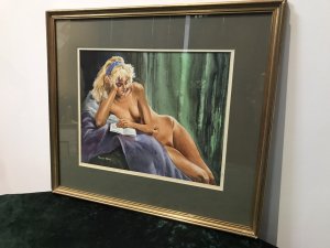 Original Reclining Nude Lady Watercolour By Contemporary Artist Malcolm Morris Nude Model Reclined Posed Reading A Book Stunning Facial Features Finely Painted Watercolour By Known Welsh Artist From The 1970’s Malcolm Morris Glazed With Wooden Frame Signed Dimensions In Inches Height 17.5” Width 20”