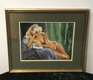 Original Reclining Nude Lady Watercolour By Contemporary Artist Malcolm Morris Nude Model Reclined Posed Reading A Book Stunning Facial Features Finely Painted Watercolour By Known Welsh Artist From The 1970’s Malcolm Morris Glazed With Wooden Frame Signed Dimensions In Inches Height 17.5” Width 20”