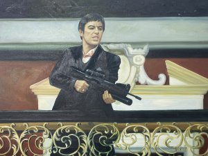 Iconic American Gangster Al Pacino ‘Scarface’ Oil Painting On Canvas. Circa - Vintage Composition- Oil On Canvas Iconic Cultural Oil Painting Of A Scene From The Scarface 1983 Film Titled: Say Hello To My Little Friend! The Lead Acting Role Tony Montana Playing Fictional Character Al Pacino Stands Over Gilt Balcony With Machine Gun. Fabulous Detail In Full Colour Depicts The Essence Of The Iconic Film. Signed On The Back By The Artist. Unframed Condition- Vintage Used Small Scratches Visible Due To Age Dimensions In Inches Height 24 1/4” Width 36”