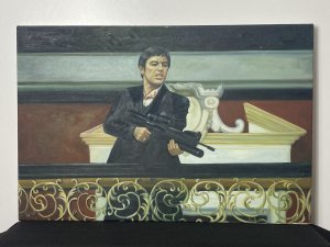 Iconic American Gangster Al Pacino ‘Scarface’ Oil Painting On Canvas. Circa - Vintage Composition- Oil On Canvas Iconic Cultural Oil Painting Of A Scene From The Scarface 1983 Film Titled: Say Hello To My Little Friend! The Lead Acting Role Tony Montana Playing Fictional Character Al Pacino Stands Over Gilt Balcony With Machine Gun. Fabulous Detail In Full Colour Depicts The Essence Of The Iconic Film. Signed On The Back By The Artist. Unframed Condition- Vintage Used Small Scratches Visible Due To Age Dimensions In Inches Height 24 1/4” Width 36”