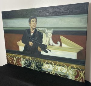 Iconic American Gangster Al Pacino ‘Scarface’ Oil Painting On Canvas. Circa - Vintage Composition- Oil On Canvas Iconic Cultural Oil Painting Of A Scene From The Scarface 1983 Film Titled: Say Hello To My Little Friend! The Lead Acting Role Tony Montana Playing Fictional Character Al Pacino Stands Over Gilt Balcony With Machine Gun. Fabulous Detail In Full Colour Depicts The Essence Of The Iconic Film. Signed On The Back By The Artist. Unframed Condition- Vintage Used Small Scratches Visible Due To Age Dimensions In Inches Height 24 1/4” Width 36”
