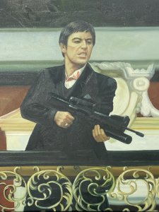 Iconic American Gangster Al Pacino ‘Scarface’ Oil Painting On Canvas. Circa - Vintage Composition- Oil On Canvas Iconic Cultural Oil Painting Of A Scene From The Scarface 1983 Film Titled: Say Hello To My Little Friend! The Lead Acting Role Tony Montana Playing Fictional Character Al Pacino Stands Over Gilt Balcony With Machine Gun. Fabulous Detail In Full Colour Depicts The Essence Of The Iconic Film. Signed On The Back By The Artist. Unframed Condition- Vintage Used Small Scratches Visible Due To Age Dimensions In Inches Height 24 1/4” Width 36”