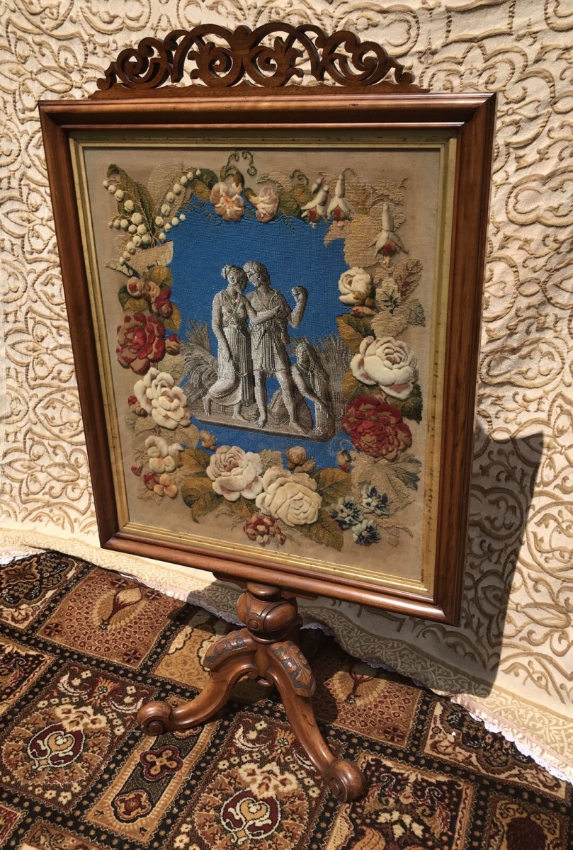 Stunning Museum Quality Fire Screen Decorated With Roman Figures In Beadwork
