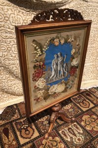 Stunning Museum Quality Fire Screen In Burl Walnut Decorated With Roman Figures In Beadwork And Wool Work Classical Roman Three Figures In A Corn Field Depicting Harvest Time In Rome Artwork In Glass Beads Which Forms The Central Picture Surrounded By Stunning Roses And Floral Foliage Boarder In Wool Work Deep Bright Colours Carved Fretwork Top In Burl Walnut To Match The Frame Silk Damask Back Panel With Brass Studs Stunning Tripod Cabriole Legs Victorian Circa 1880 Beautiful Original Condition Dimensions In Inches Height 53” Width 30”