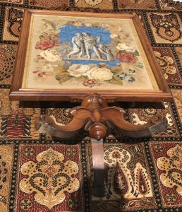 Stunning Museum Quality Fire Screen In Burl Walnut Decorated With Roman Figures In Beadwork And Wool Work Classical Roman Three Figures In A Corn Field Depicting Harvest Time In Rome Artwork In Glass Beads Which Forms The Central Picture Surrounded By Stunning Roses And Floral Foliage Boarder In Wool Work Deep Bright Colours Carved Fretwork Top In Burl Walnut To Match The Frame Silk Damask Back Panel With Brass Studs Stunning Tripod Cabriole Legs Victorian Circa 1880 Beautiful Original Condition Dimensions In Inches Height 53” Width 30”