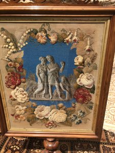 Stunning Museum Quality Fire Screen In Burl Walnut Decorated With Roman Figures In Beadwork And Wool Work Classical Roman Three Figures In A Corn Field Depicting Harvest Time In Rome Artwork In Glass Beads Which Forms The Central Picture Surrounded By Stunning Roses And Floral Foliage Boarder In Wool Work Deep Bright Colours Carved Fretwork Top In Burl Walnut To Match The Frame Silk Damask Back Panel With Brass Studs Stunning Tripod Cabriole Legs Victorian Circa 1880 Beautiful Original Condition Dimensions In Inches Height 53” Width 30”