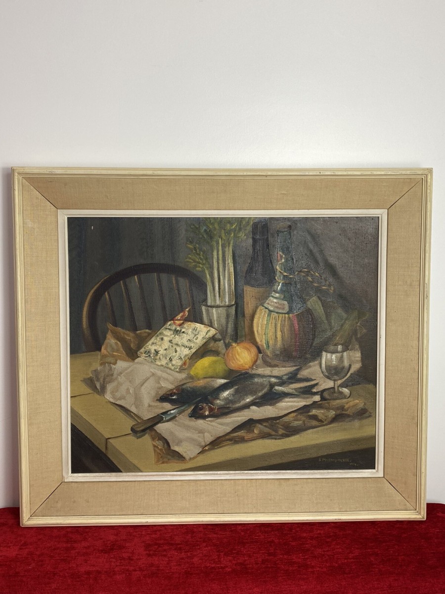 Primary image for Original Oil Painting Still Life Title Herrings Signed S Murray Blair 1954