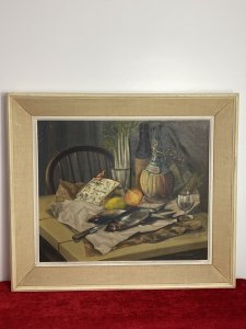 Original Oil Painting Still Life Title Herrings Signed S Murray Blair 1954. Circa - 20th Century Composition - Oil On Canvas Wonderful Oil Composition Of Unwrapped Herring Fish, A Large Segment Of Blue Cheese, A Bottle Of Red Wine & Chianti With Standing Celery, Lemon And Halved Onion. Laid Out Upon Pine Farm House Table With Ladder Back Chair. Lovely Perspective With Beautiful Brightly Coloured Food Items Very Well Painted With Delicate Use Of Light And Shadow. A Detailed Still Life By Accomplished Contemporary Artist Mrs S Murray Blair. Quality Investment Piece. A Wonderful Artwork For Display In Breakfast/ Dining Room / Lounge A Great Conversation Piece. Signed Right Bottom Corner And Set Upon Stretcher In Cream Hardwood Frame With White Boarder. Exhibition Scripture In Reverse Exhibited In 1954. Dimensions In Inches Height 26” Width 30”