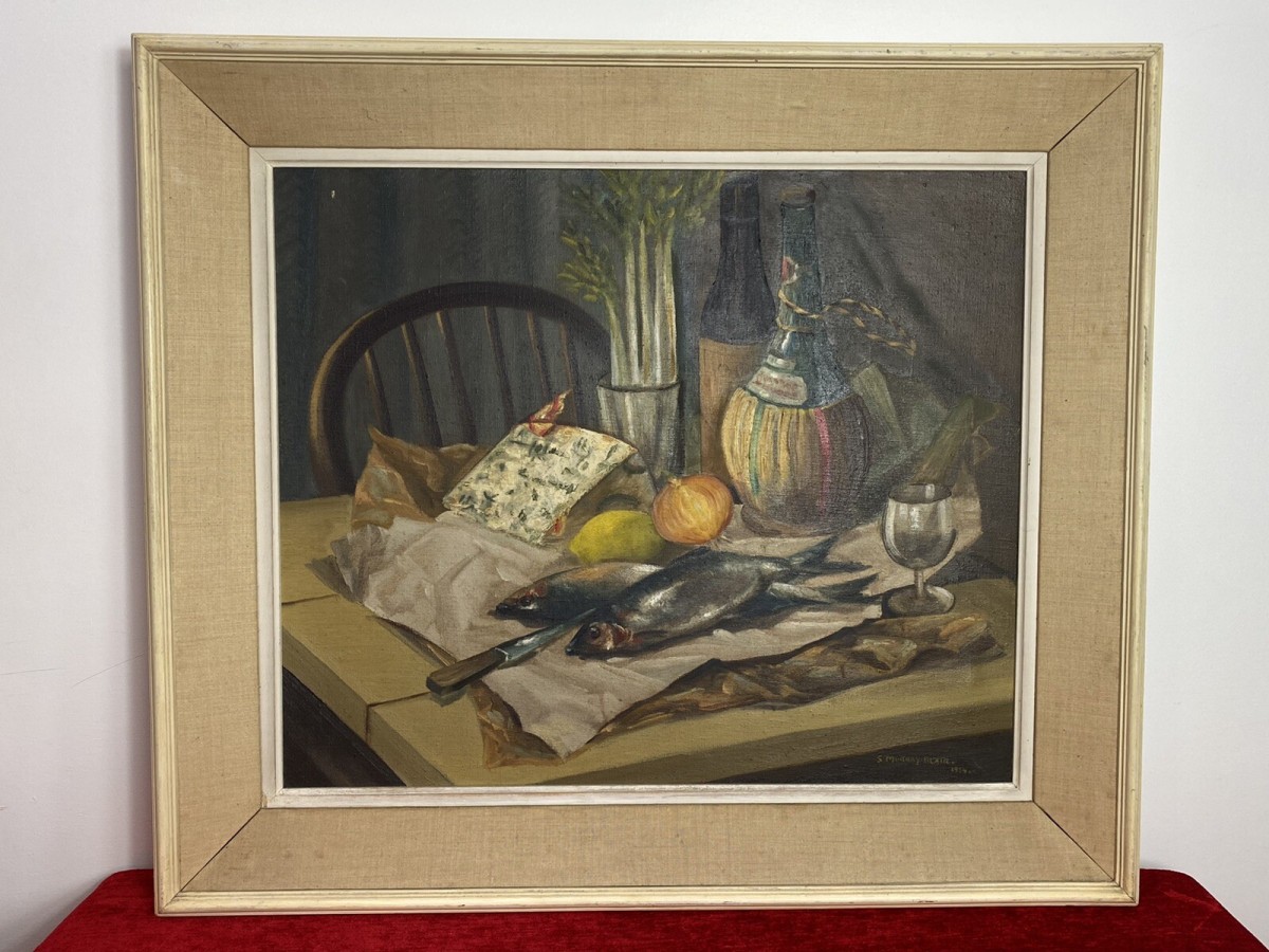 Original Oil Painting Still Life Title Herrings Signed S Murray Blair 1954