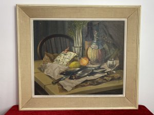 Original Oil Painting Still Life Title Herrings Signed S Murray Blair 1954. Circa - 20th Century Composition - Oil On Canvas Wonderful Oil Composition Of Unwrapped Herring Fish, A Large Segment Of Blue Cheese, A Bottle Of Red Wine & Chianti With Standing Celery, Lemon And Halved Onion. Laid Out Upon Pine Farm House Table With Ladder Back Chair. Lovely Perspective With Beautiful Brightly Coloured Food Items Very Well Painted With Delicate Use Of Light And Shadow. A Detailed Still Life By Accomplished Contemporary Artist Mrs S Murray Blair. Quality Investment Piece. A Wonderful Artwork For Display In Breakfast/ Dining Room / Lounge A Great Conversation Piece. Signed Right Bottom Corner And Set Upon Stretcher In Cream Hardwood Frame With White Boarder. Exhibition Scripture In Reverse Exhibited In 1954. Dimensions In Inches Height 26” Width 30”
