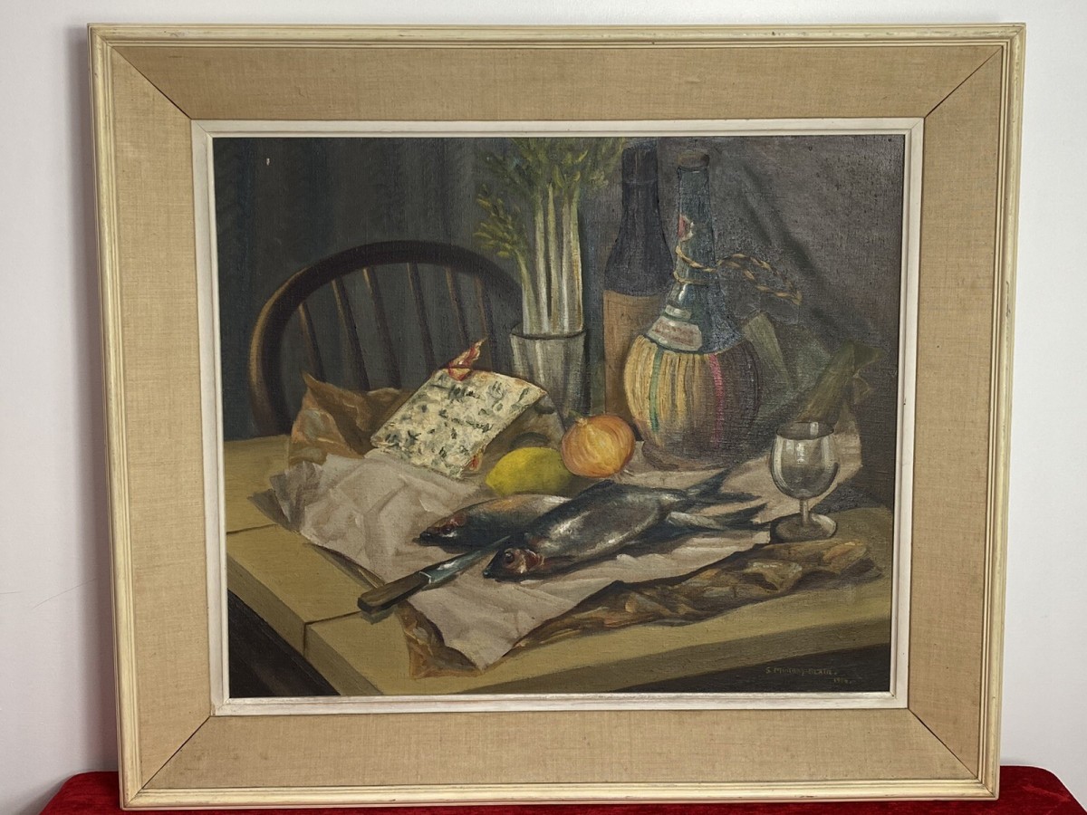 Original Oil Painting Still Life Title Herrings Signed S Murray Blair 1954
