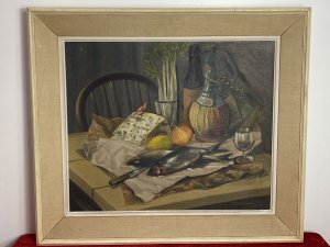 Original Oil Painting Still Life Title Herrings Signed S Murray Blair 1954. Circa - 20th Century Composition - Oil On Canvas Wonderful Oil Composition Of Unwrapped Herring Fish, A Large Segment Of Blue Cheese, A Bottle Of Red Wine & Chianti With Standing Celery, Lemon And Halved Onion. Laid Out Upon Pine Farm House Table With Ladder Back Chair. Lovely Perspective With Beautiful Brightly Coloured Food Items Very Well Painted With Delicate Use Of Light And Shadow. A Detailed Still Life By Accomplished Contemporary Artist Mrs S Murray Blair. Quality Investment Piece. A Wonderful Artwork For Display In Breakfast/ Dining Room / Lounge A Great Conversation Piece. Signed Right Bottom Corner And Set Upon Stretcher In Cream Hardwood Frame With White Boarder. Exhibition Scripture In Reverse Exhibited In 1954. Dimensions In Inches Height 26” Width 30”