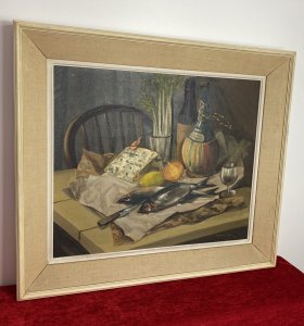 Original Oil Painting Still Life Title Herrings Signed S Murray Blair 1954. Circa - 20th Century Composition - Oil On Canvas Wonderful Oil Composition Of Unwrapped Herring Fish, A Large Segment Of Blue Cheese, A Bottle Of Red Wine & Chianti With Standing Celery, Lemon And Halved Onion. Laid Out Upon Pine Farm House Table With Ladder Back Chair. Lovely Perspective With Beautiful Brightly Coloured Food Items Very Well Painted With Delicate Use Of Light And Shadow. A Detailed Still Life By Accomplished Contemporary Artist Mrs S Murray Blair. Quality Investment Piece. A Wonderful Artwork For Display In Breakfast/ Dining Room / Lounge A Great Conversation Piece. Signed Right Bottom Corner And Set Upon Stretcher In Cream Hardwood Frame With White Boarder. Exhibition Scripture In Reverse Exhibited In 1954. Dimensions In Inches Height 26” Width 30”