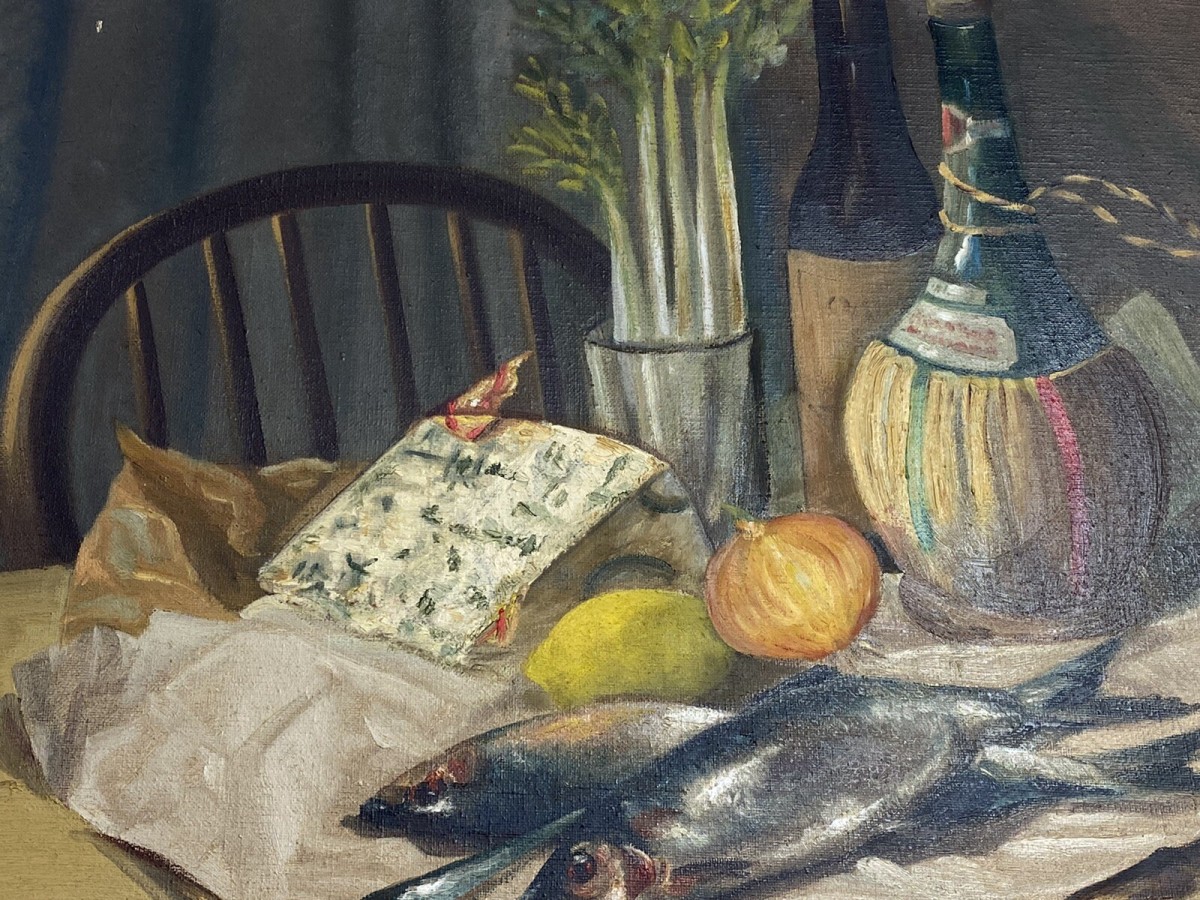 Original Oil Painting Still Life Title Herrings Signed S Murray Blair 1954