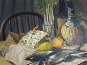 Original Oil Painting Still Life Title Herrings Signed S Murray Blair 1954. Circa - 20th Century Composition - Oil On Canvas Wonderful Oil Composition Of Unwrapped Herring Fish, A Large Segment Of Blue Cheese, A Bottle Of Red Wine & Chianti With Standing Celery, Lemon And Halved Onion. Laid Out Upon Pine Farm House Table With Ladder Back Chair. Lovely Perspective With Beautiful Brightly Coloured Food Items Very Well Painted With Delicate Use Of Light And Shadow. A Detailed Still Life By Accomplished Contemporary Artist Mrs S Murray Blair. Quality Investment Piece. A Wonderful Artwork For Display In Breakfast/ Dining Room / Lounge A Great Conversation Piece. Signed Right Bottom Corner And Set Upon Stretcher In Cream Hardwood Frame With White Boarder. Exhibition Scripture In Reverse Exhibited In 1954. Dimensions In Inches Height 26” Width 30”