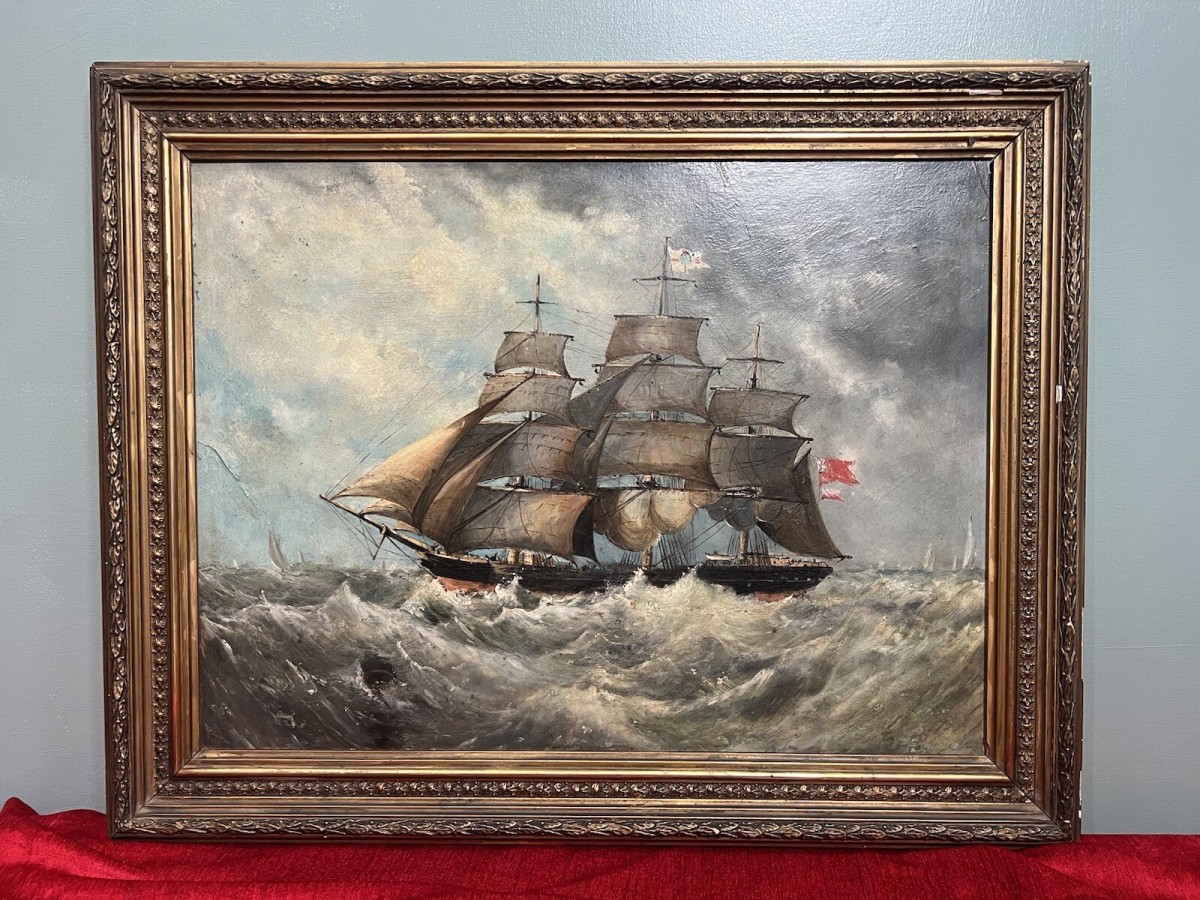 Primary image for 19th Century Maritime Painting Of British Full Rigged Sailing Ship On Rough Seas