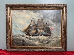 19th Century Maritime Painting Of British Full Rigged Sailing Ship On Rough Seas Circa - 1890 Composition - Oil On Board Listing Description Large Period 19th Century Maritime Oil Painting Of Sailing Ship, In Full Sail On Rough Stormy Seas. British Triple Masted Schooner Vessel Fully Rigged With Central Mast Flying British St George Flag, With Red Ensign Flag At Ships Rear. Deck Shown With A Multitude Of Rope Work With Many Figures Aboard. Lightening Lit Skies With Waves Crashing Against The Ships Hull, A Unknown Package Floats In Front View Obviously Lost Overboard In The Storm. Exceptionally Finely Painted Antique Artwork Signed By Artist (Left Corner) And Set In Ornate Gilt Wood Frame. Dimensions In Inches Height 21" X Width 26 1/4" For Further Information Please Call The Curator On 07707 488 566 Thank-you