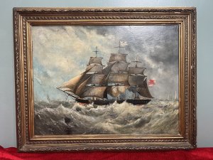 19th Century Maritime Painting Of British Full Rigged Sailing Ship On Rough Seas Circa - 1890 Composition - Oil On Board Listing Description Large Period 19th Century Maritime Oil Painting Of Sailing Ship, In Full Sail On Rough Stormy Seas. British Triple Masted Schooner Vessel Fully Rigged With Central Mast Flying British St George Flag, With Red Ensign Flag At Ships Rear. Deck Shown With A Multitude Of Rope Work With Many Figures Aboard. Lightening Lit Skies With Waves Crashing Against The Ships Hull, A Unknown Package Floats In Front View Obviously Lost Overboard In The Storm. Exceptionally Finely Painted Antique Artwork Signed By Artist (Left Corner) And Set In Ornate Gilt Wood Frame. Dimensions In Inches Height 21" X Width 26 1/4" For Further Information Please Call The Curator On 07707 488 566 Thank-you