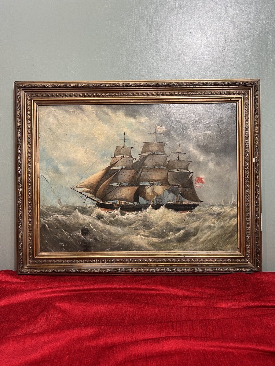 19th Century Maritime Painting Of British Full Rigged Sailing Ship On Rough Seas