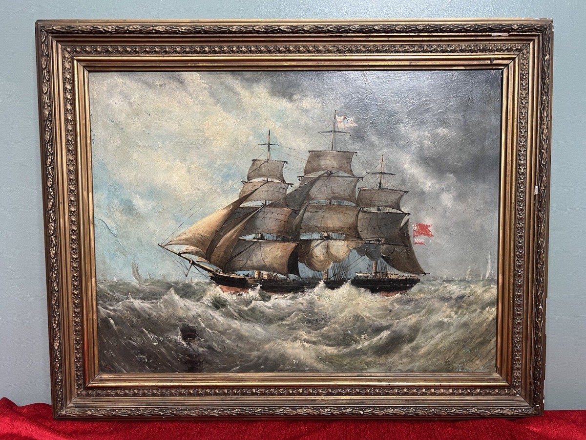 19th Century Maritime Painting Of British Full Rigged Sailing Ship On Rough Seas