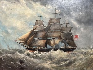 19th Century Maritime Painting Of British Full Rigged Sailing Ship On Rough Seas Circa - 1890 Composition - Oil On Board Listing Description Large Period 19th Century Maritime Oil Painting Of Sailing Ship, In Full Sail On Rough Stormy Seas. British Triple Masted Schooner Vessel Fully Rigged With Central Mast Flying British St George Flag, With Red Ensign Flag At Ships Rear. Deck Shown With A Multitude Of Rope Work With Many Figures Aboard. Lightening Lit Skies With Waves Crashing Against The Ships Hull, A Unknown Package Floats In Front View Obviously Lost Overboard In The Storm. Exceptionally Finely Painted Antique Artwork Signed By Artist (Left Corner) And Set In Ornate Gilt Wood Frame. Dimensions In Inches Height 21" X Width 26 1/4" For Further Information Please Call The Curator On 07707 488 566 Thank-you
