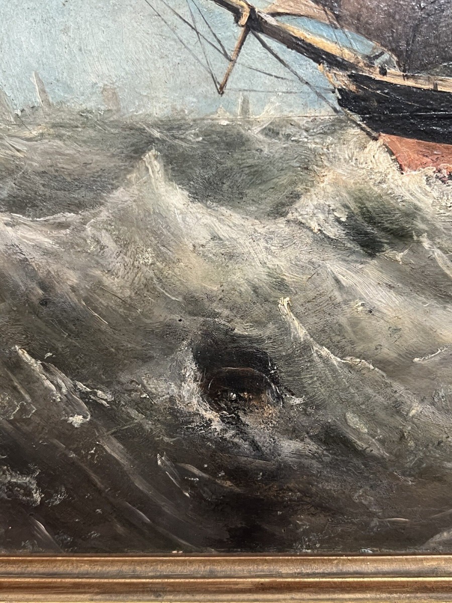 19th Century Maritime Painting Of British Full Rigged Sailing Ship On Rough Seas