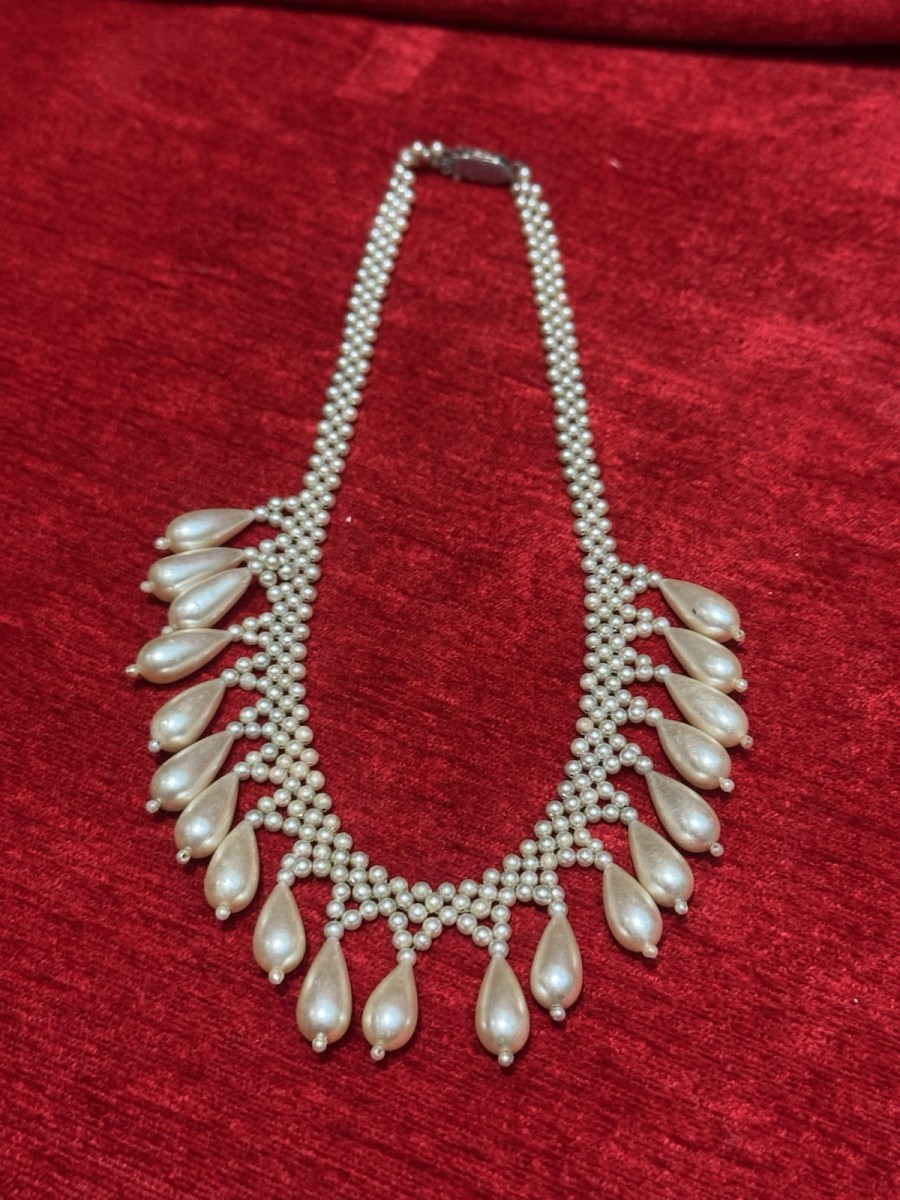 Antique Teardrop And Seed Pearl Necklace With Silver Clasp