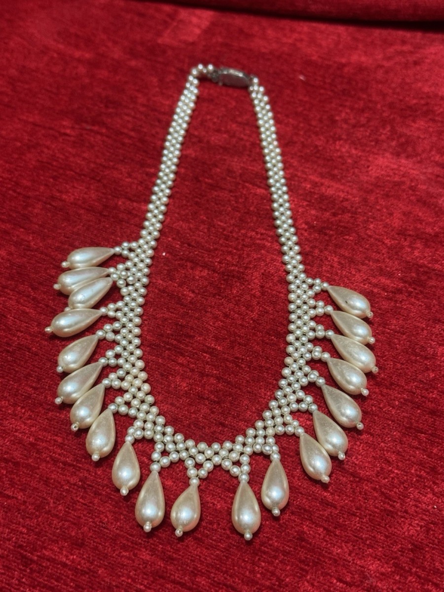 Antique Teardrop And Seed Pearl Necklace With Silver Clasp