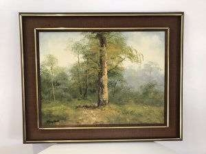 Modernist Original Oil Painting Of A Dutch Woodland Scene Signed By The Artist KNUPSNORD Painted In Delph Holland 1965 Stunning Woodland Scene In Guilt Teak Wood And Hessian Frame Stunning Composition Of Trees And Lovely Perspective Contemporary Artwork For Modernist Home Decoration Dimensions In Inches Height 25” Width 31.5”