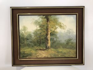 Modernist Original Oil Painting Of A Dutch Woodland Scene Signed By The Artist KNUPSNORD Painted In Delph Holland 1965 Stunning Woodland Scene In Guilt Teak Wood And Hessian Frame Stunning Composition Of Trees And Lovely Perspective Contemporary Artwork For Modernist Home Decoration Dimensions In Inches Height 25” Width 31.5”