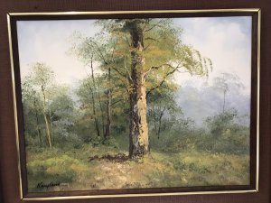 Modernist Original Oil Painting Of A Dutch Woodland Scene Signed By The Artist KNUPSNORD Painted In Delph Holland 1965 Stunning Woodland Scene In Guilt Teak Wood And Hessian Frame Stunning Composition Of Trees And Lovely Perspective Contemporary Artwork For Modernist Home Decoration Dimensions In Inches Height 25” Width 31.5”
