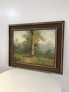 Modernist Original Oil Painting Of A Dutch Woodland Scene Signed By The Artist KNUPSNORD Painted In Delph Holland 1965 Stunning Woodland Scene In Guilt Teak Wood And Hessian Frame Stunning Composition Of Trees And Lovely Perspective Contemporary Artwork For Modernist Home Decoration Dimensions In Inches Height 25” Width 31.5”