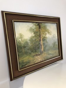 Modernist Original Oil Painting Of A Dutch Woodland Scene Signed By The Artist KNUPSNORD Painted In Delph Holland 1965 Stunning Woodland Scene In Guilt Teak Wood And Hessian Frame Stunning Composition Of Trees And Lovely Perspective Contemporary Artwork For Modernist Home Decoration Dimensions In Inches Height 25” Width 31.5”