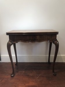 Waring And Gillow Charles I Style Walnut Card Table Lancaster Factory Stamped By Maker No 76857/1 And Plaque Inside Elegant Period Charles I Legs Turn Around Top To Reveal Storage Compartment For Games Ect Lovely Original Beize Green Top Lovely Patina Dimensions In Inches Height 30.5” Width 30” Depth 13.5”